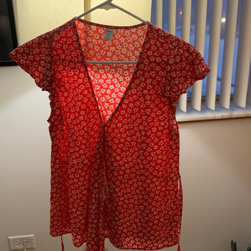 Red, White and Blue Floral Wrap Top